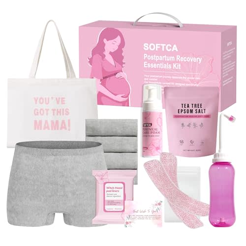 Postpartum Essentials Kit - Peri Bottle,Perineal Ice Packs,Perineal Healing Foam,Disposable Underwears,Cooling Pad Liners,Bath Salts,Canvas Bag,Card,Postpartum Gifts for Mom