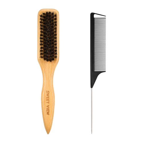 SWEET VIEW Boar Bristle Slick Back Hair Brush for Smooth Flyaways, Frizz, Sleek Ponytail, Buns and Edge Baby Hair, Teasing | Gel Comb Styling Accessories for Girls, Kids and Women