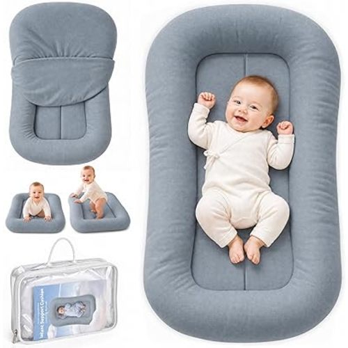 Infant Support Cushion - Breathable Cotton Baby Support Cushion for Babies 0-24 Months, Portable Tummy Time Mat for Home & Travel, Machine Washable, Perfect Baby Registry Gift, Grayish Blue