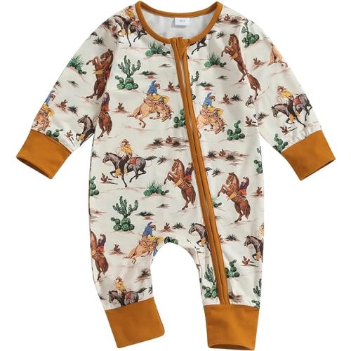 SAYOO Western Baby Cowboy Clothes Neutral Zipped Fall Romper Outfit for Boy Girl Infant Lapel Cow Print One-piece Jumpsuit