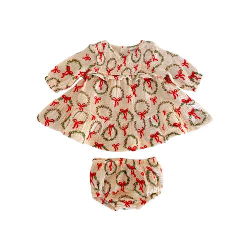 Smocked Ruffle Tiered Dress & Bloomer, Wreath