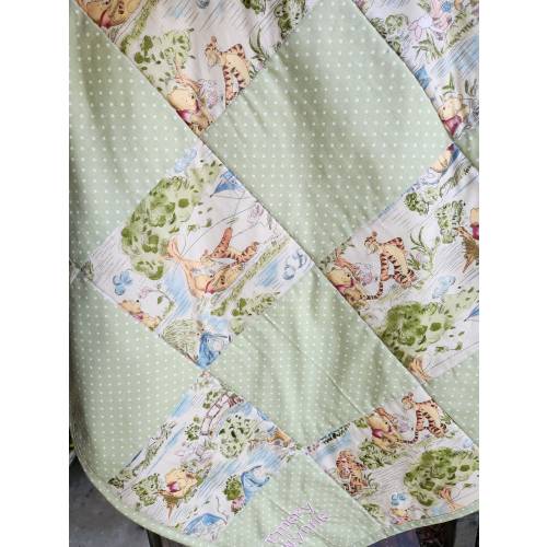 Handmade Winnie the Pooh Baby Quilt: Sage Green Toile, Cotton or Minky Back