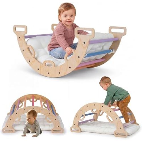 Costzon Wooden Rocking Climbing Arch w/Cushion, 3-in-1 Montessori Kids Climber Rocker for Toddlers, Playground Climbing Ladder Toy, Indoor Gym Learning Playset for Boys Girls Ages 1+ (Multi-Color)