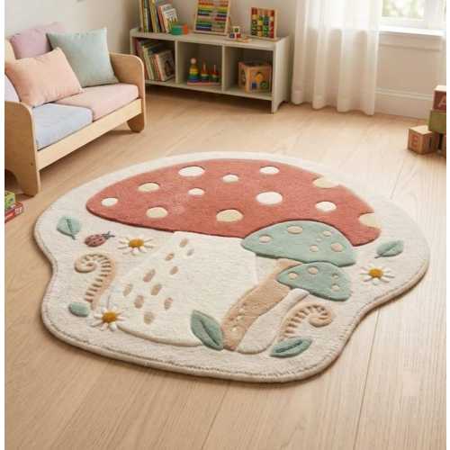 Mushroom Nursery Rug, Woodland Kids Rug, Cottagecore Area Rug, Forest Mushroom Rug, Fairy Garden Decor, Hand Tufted Kids Rug, 4x4 ft.