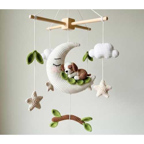 Custom Dog Baby Mobile, Crochet Baby Mobile, Custom Puppy On The Moon Nursery Decor, Crib Mobile, Nursery Mobile, Baby Shower Gift