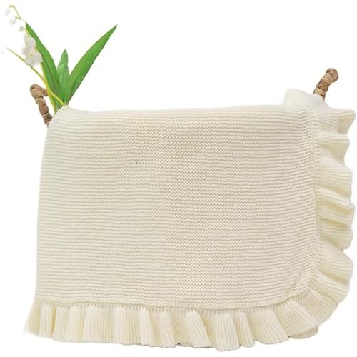 Cotton Baby Blanket with Ruffle Edge Soft Breathable Newborn Blanket for Boys & Girls, Lightweight Knit Throw for Crib, Stroller & Nursery Multiple Colors Available Beige 30x30