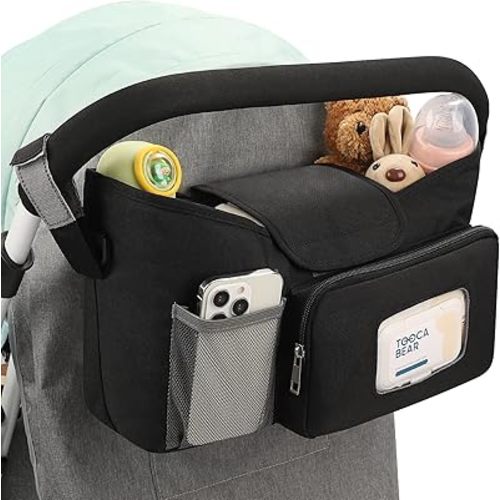 Accmor Universal Stroller Organizer with Insulated Cup Holder, Stroller Caddy Bag Accessories, Stroller Cup Holder Organizer for Uppababy Baby Jogger Britax Stroller, Black
