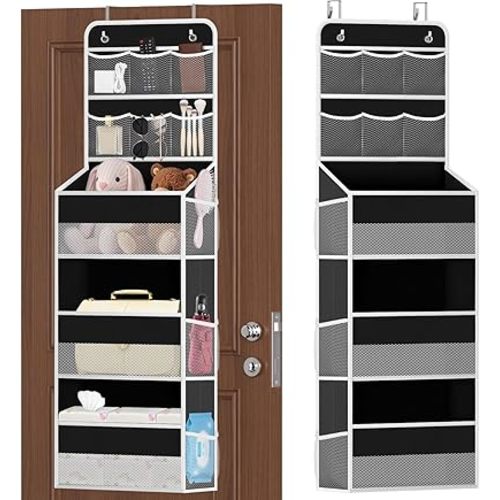 5-Tier Over the Door Organizer with Mesh Pockets, Baby Nursery Storage for Closet, Bathroom and Bedroom, Adjustable Hanging Closet Organizer for Cosmetics, Books and Essentials（Black）