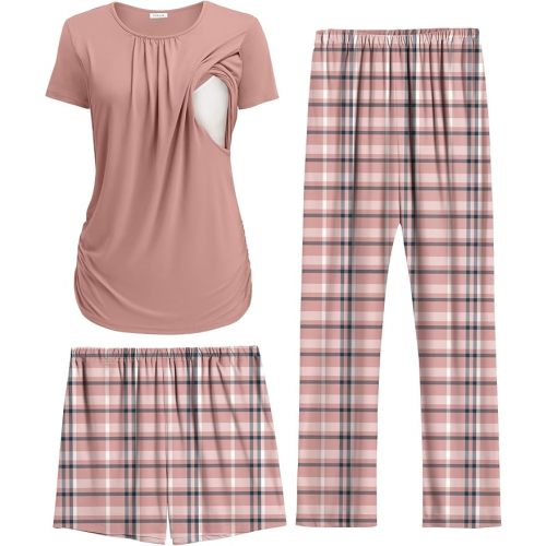 Ekouaer Maternity Nursing Pajamas Set 3 Piece Postpartum Lounge Breastfeeding Pjs Pregnancy Shorts & Pants S-XXL