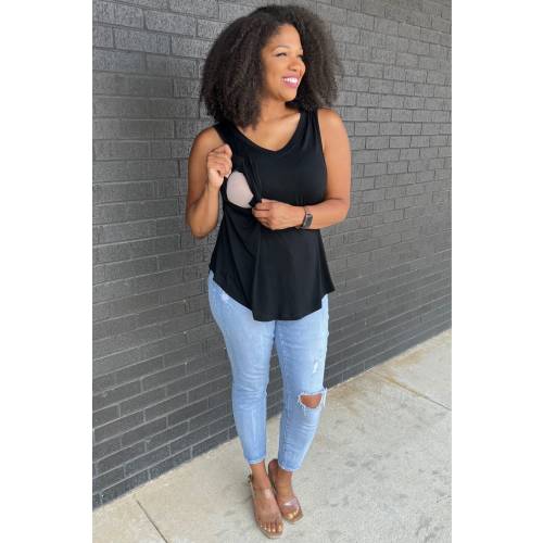 Nursing Tank Top: Relaxed Fit Rayon Blend Breastfeeding Shirt- Black