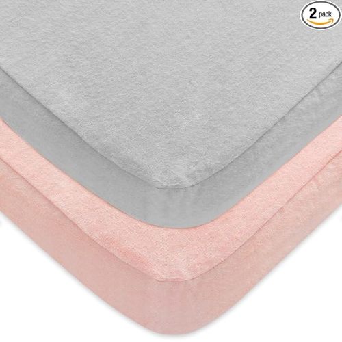 Pack and Play Sheets 2 Pack, 100% Cotton Flannel, Fitted Portable Mini Crib Sheet for Girls Boys, Ultra Soft Breathable Convertible Playard Mattress Cover Warm, Grey&Pink