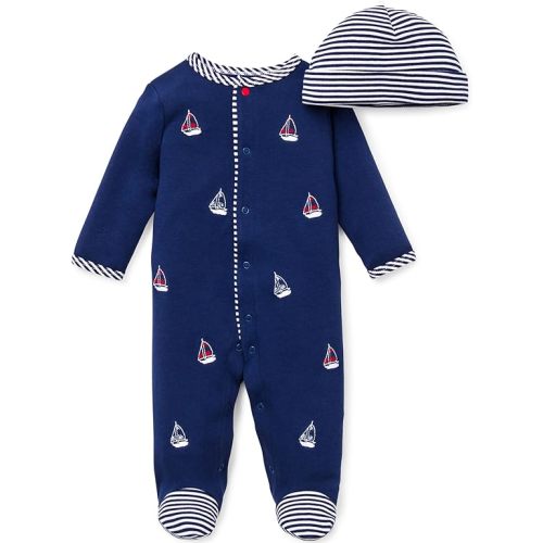 Little Me Baby Boy Clothes 2-Piece Baby Sleeper and Cap Set, 100% Cotton Footies Baby Essentials
