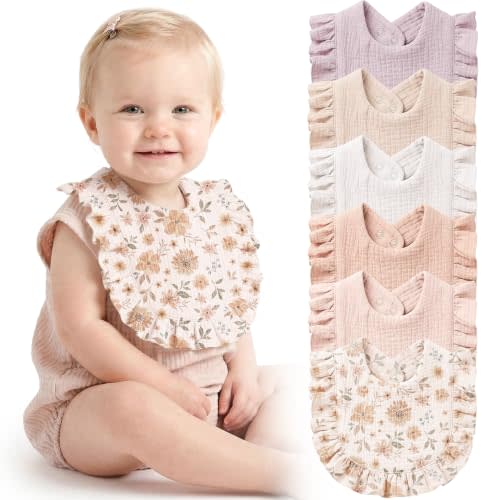Konssy 6-Pack Muslin Baby Girl Bibs, Absorbent Drool Bibs with Ruffle Trim | 100% Soft Cotton, 6-Layer Absorbency, Adjustable Bibs for Drooling & Teething, Newborn to Toddler 0-36M