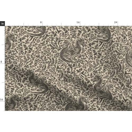Dragon Fabric - Mythos Dragon Toile Neutral by holli_zollinger - Toile Floral Vines Mythical Creature Fabric by the Yard by Spoonflower