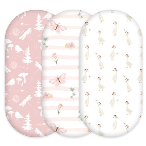 Civarua Kids 3-Pack Organic Bassinet Sheets for Girls Stretch, Soft Cozy Fitted Bassinet Mattress Sheet (32" x 16") Universal Fit for Hourglass, Oval, & Rectangle Mattresses Pink Butterfly