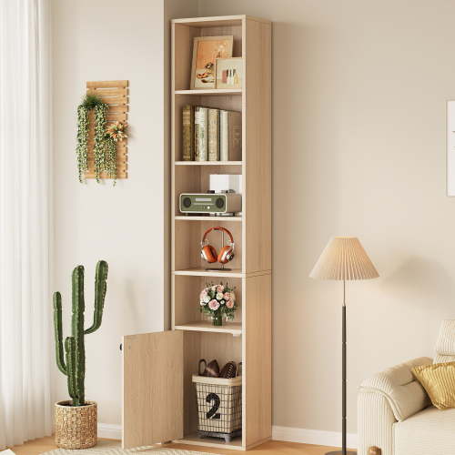 IRONCK Tall Narrow Bookshelf with 1 Storage Cabinet, 5 Shelf Bookcase with Adjustable Shelves for Home Office, Natural