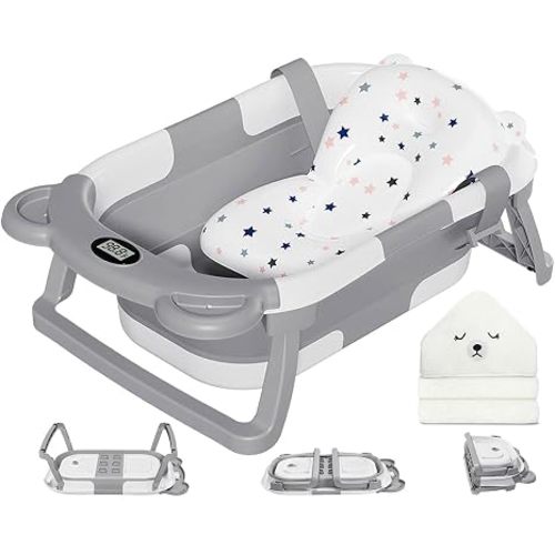 MoreFeel Collapsible Baby Bathtub for Newborn with Thermometer & 1 Hooded Towel & 1 Soft Floating Cushion,Portable Travel Bathtub with Drain Hole, Durable Foldable Baby Tubs for Infants to Toddler
