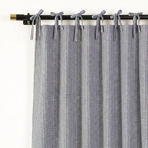 THE ART BOX Gauze Striped Curtains, Boho Linen Gauze Tie Top Hanging Curtains 2 Panel Set, Light Filtering Door Window for Bedroom/Living Room Home Décor Navy Blue on White (L72”xW42” Each Panel)