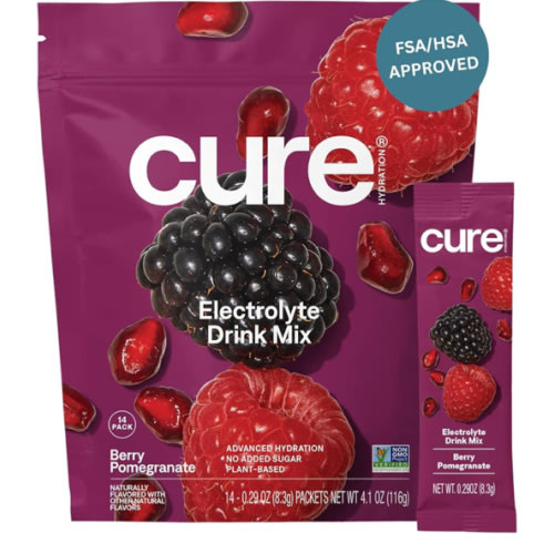 Cure Hydration | Plant-Based Electrolyte Drink Mix | No Added Sugar | FSA-HSA | Dehydration Relief Powder Made with Coconut Water | Non-GMO | Vegan | Pouch of 14 Packets - Berry Pomegranate