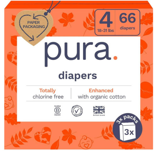 Pura Size 4 Eco-Friendly Diapers (18-31lbs) TCF Hypoallergenic, Soft Organic Cotton, Sustainable, up to 12 Hours Leak Protection, Allergy UK, Recyclable Packaging, 3 Packs of 22 (66 Diapers)