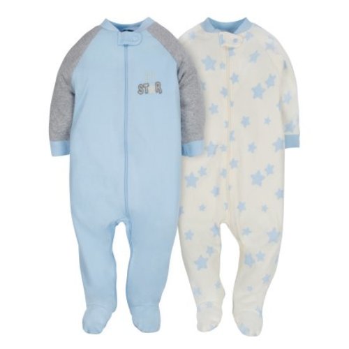 Newborn Baby Boy Organic Zip Front Sleep 'N Play, 2-pack - Light Blue/Ivory