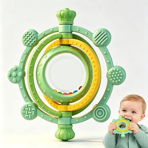 3D Rotatable Rattle Baby Teething Toys for 0-6 6-12 Months | Silicone Baby Teether Sensory Toys for Babies 0-24Months Relief Chew Sore Gums for Newborn Infant Essentials BPA Free
