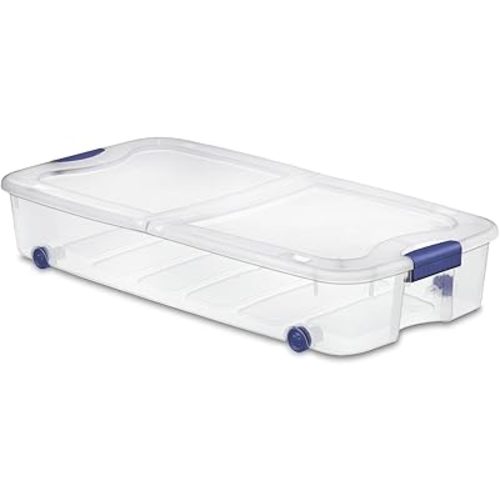 66 Quart Clear Underbed Storage Container,Clear Plastic Containers with Lids and Wheels,Blue Handle Under Bed Storage