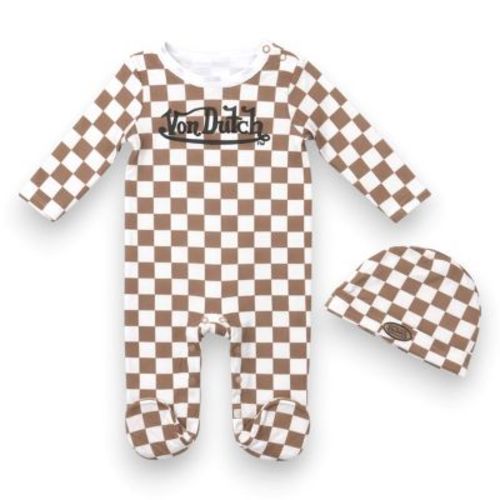 Von Dutch Baby Boys' 2-Piece Footie Coverall & Beanie Hat Set, Brown/White Checker, 9 Months