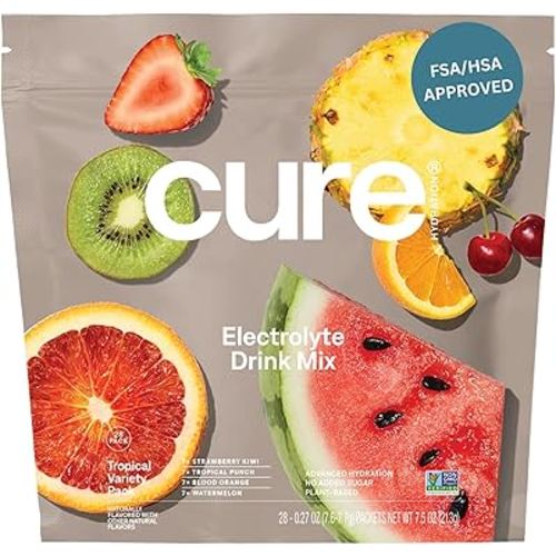 Cure Hydration | Plant-Based Electrolyte Drink Mix | No Added Sugar | FSA-HSA | Dehydration Relief Powder Made with Coconut Water | Non-GMO | Vegan | 28 Packets - Tropical Variety Pack