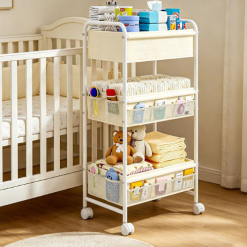 3-Tier Diaper Caddy Cart Organizer,Mobile Storage Carts with Wheels,With 2 Dividers&14 Mesh Pockets Durable Metal Utility Cart for Bedroom, Bathroom, Essentials Organization | Wayfair