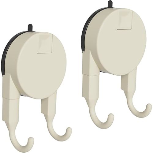 Strong Suction Cup Hooks for Shower, Bathroom, Kitchen, Heavy Duty Hangers for Door Wreaths, Robe, loofah, Towel, Utensils, Removable Wall Hooks for Tile, Glass, Mirror (2 Pack-Cream)