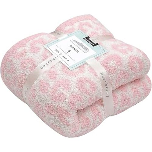 bearberry Fuzzy Leopard Knitted Throw Blanket Soft Cozy Warm Microfiber Blanket for Couch Sofa Bed Travel (Pink/Cream, 50"x60")