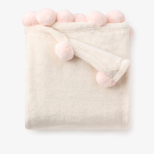 Pale Pink Pom Trim Fleece Baby Stroller Blanket PINK / 30X40