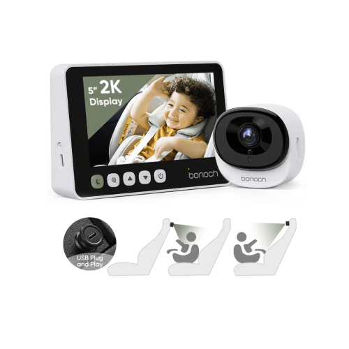 bonoch - 2K Baby Car Camera with Full Crystal Night Vision, 5 Inch Baby Car Montior for Back Seat Rear Facing - White