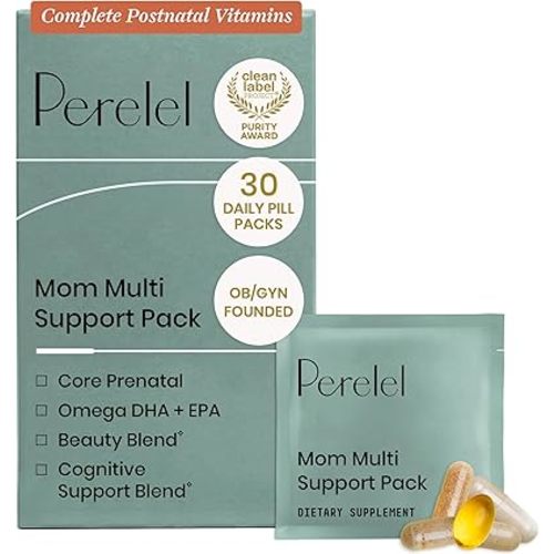 Perelel Mom Multi Support Pack, Postnatal Vitamins for Women with Omega 3 Dha, Iron, Collagen, & Vitamin B12 to Support Postpartum Health, Soy & Gluten Free, Non GMO, 30 Daily Pill Packs