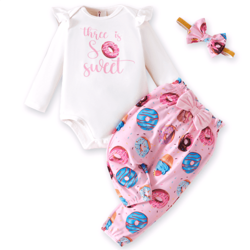 PatPat Baby Girl Outfit Set Long Sleeve Ruffle Bodysuit Donut Pants Cute Headband Sweet Pink Birthday Gift for Baby Girls 0-3 Months