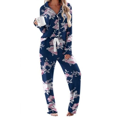 Ekouaer Women's Pajamas Long Sleeve Sleepwear Casual Button Down Loungewear Soft Pjs Set S-XXL