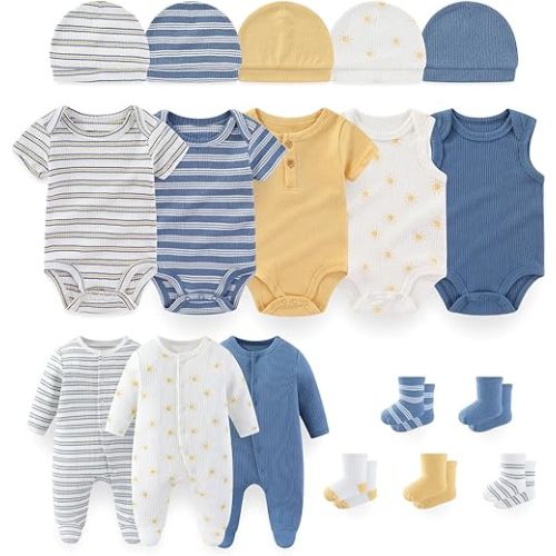 Baby Boy Girl Layette Set 18 Piece Infant Essentials Must Haves Clothes 0-9 Month Rompers+Bodysuits+Hats+Socks