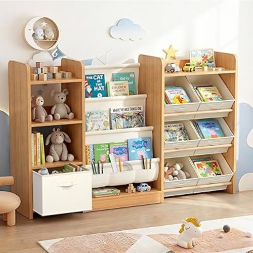 Kids Bookshelf and Toy Storage, Large Toy Storage Chest with Removable Bins, Kids Toy Storage Organizer, Sling Baby Bookcase, 4-Tier Book Shelf for Kids Room, Playroom, Classroom