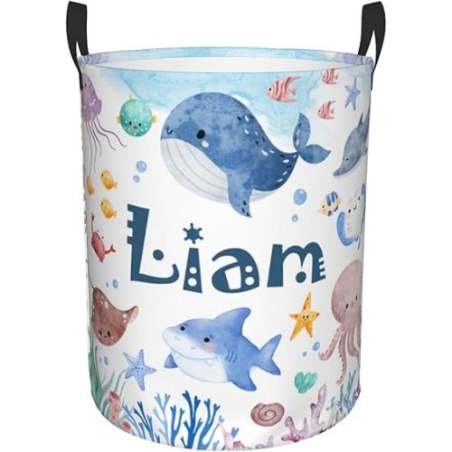 Personalized Laundry Hamper, Ocean Themed Laundry Baskets with Custom Name, Collapsible Hamper for Kids Adults Home Decoration,16.5 X 13.8in