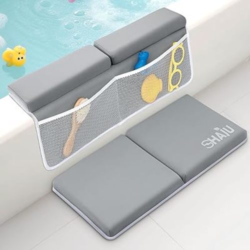 Shaju Bath Kneeler and Elbow Rest Pad Set for Baby Bathing Parents, Baby Bath Kneeler Nursery Must Haves with Toy Organizer Pockets -Machine Washable, Foldable, Non-Slip bath time essentials for baby.