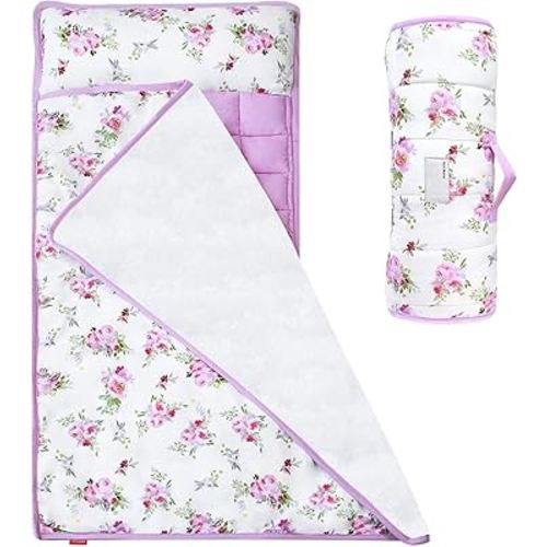 Toddler Nap Mat for Girls Floral, Kids Sleeping Mat with Fleece Blanket, Lightweight Perfect for Kids Preschool, Daycare, Travel Sleeping Bag, Fit Standard Cot