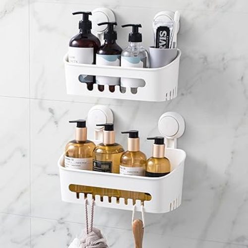 LEVERLOC Shower Caddy Suction Cup Shelf Basket Pack of 2 One Second Installation Removable Powerful Suction Cup Bathroom Organizer Max Hold 22lbs Shower Storage Plastic