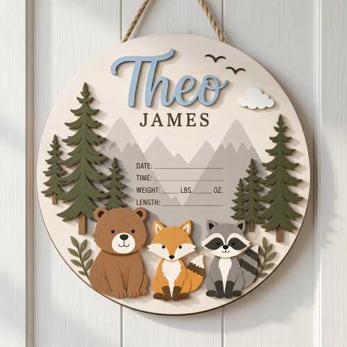 Custom Woodland Baby Birth Stats Sign, 3D Wood Nursery Name Plaque, Bear Fox Hospital Door Hanger, Personalized Newborn Announcement