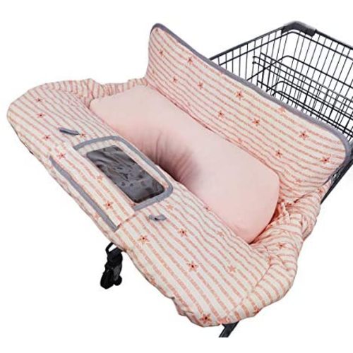 Shopping Cart Cover for Baby/Toddler with Pillow, 2-in-1 Cotton High Chair Cover, Sturdy Stay, Easy Attach & Remove, fit Cellphone Holder & Toy Loops, Perfect for Girl (Pink Strip Star)