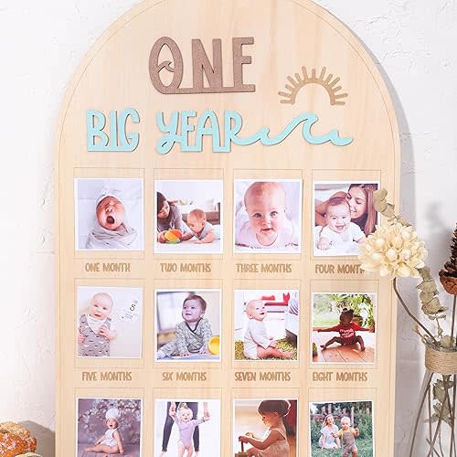 The Big One surf One Year Old Photo Board - My First Year Photo Display Wood Board, Wave Theme Monthly Milestone Photo Board, the Big One 1st Birthday Decoration, 12 Months Photo Frame