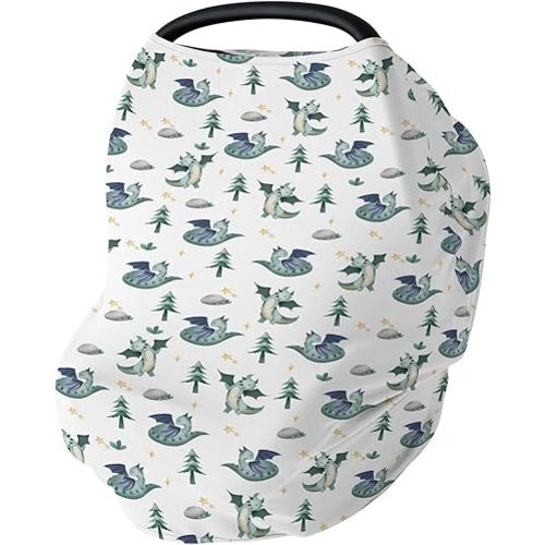 Fairytale Dragon Trees Stars Baby Car Seat Covers Cute Dragons Green Stretchy 5-in-1 Cover Adjustable Infant Carseat Canopy Cover Fantasy Animal Breathable Nursing Cover-Up
