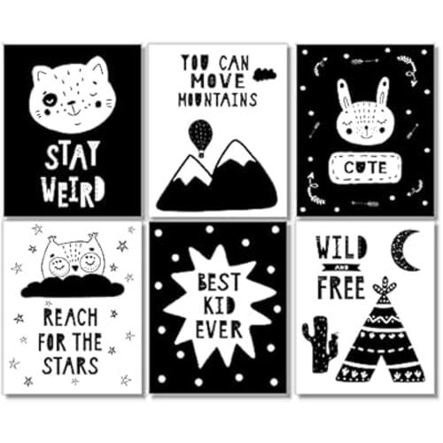 Scandi Boho Black & White Wall Art Prints - Baby Nursery Decor - Set of 6-8x10 - Unframed