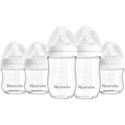 Glass Nurturing Baby Bottle Gentle & Extra Slow Flow, Newborn Breastfeeding Bottle with Anti Colic Nipple for 0 Months Babies, Includes SS Nipples(3oz+5oz, 5 Packs)
