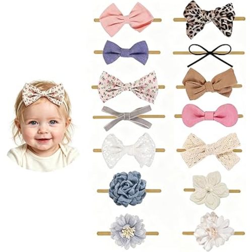 14 Pcs Flower Baby Girl Headband Bows Soft Nylon Hairbands With Hair Bows Elastics Linen Handmade Toddler Hair Accessories For Girls Newborns Infants And Kids. (Flower Bows)